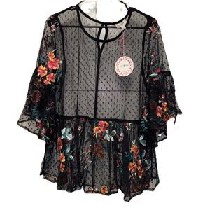Umgee Black Sheer Whimseygoth Floral Embroidered Bell Sleeve Peplum Top L New